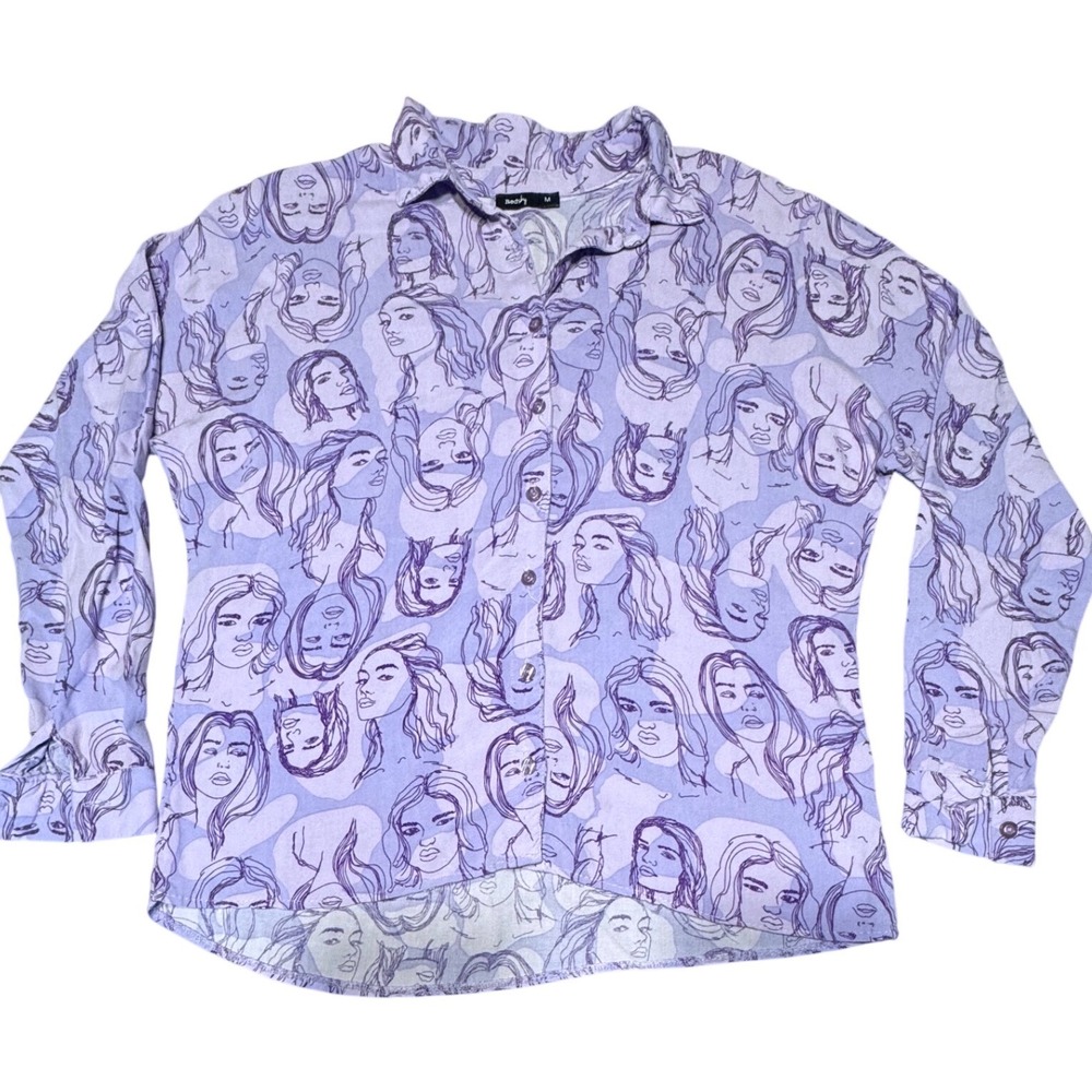 Red Sky Face Print Shirt Womens Size M Viscose Graphic Pop Art Purple Long Sleev